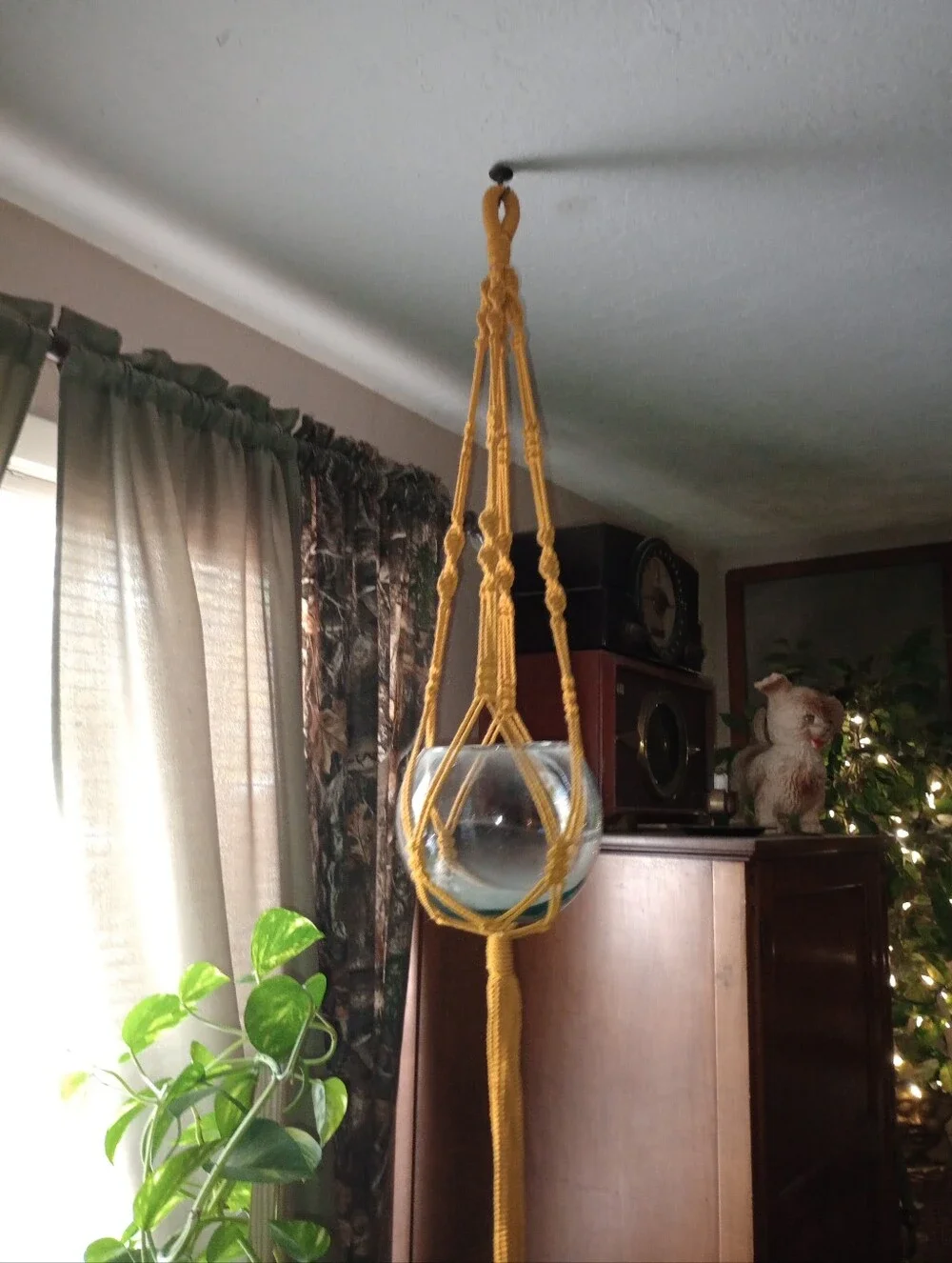 Mustard Yellow Macramé Hanging Planter - Handmade With Clear Glass Bowl
